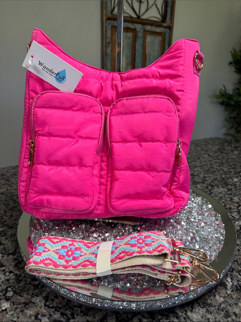 Wanderfull Quilted hydrobag Hot Pink Crossbody with tumbler holder inside NEW